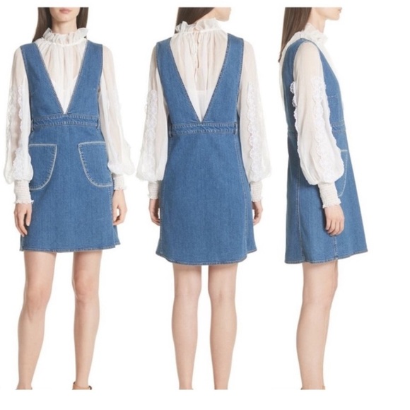 See By Chloe Denim Dress Mini Overall Trim Short Blue Jean size 36 4 seeby chloe - Picture 8 of 9